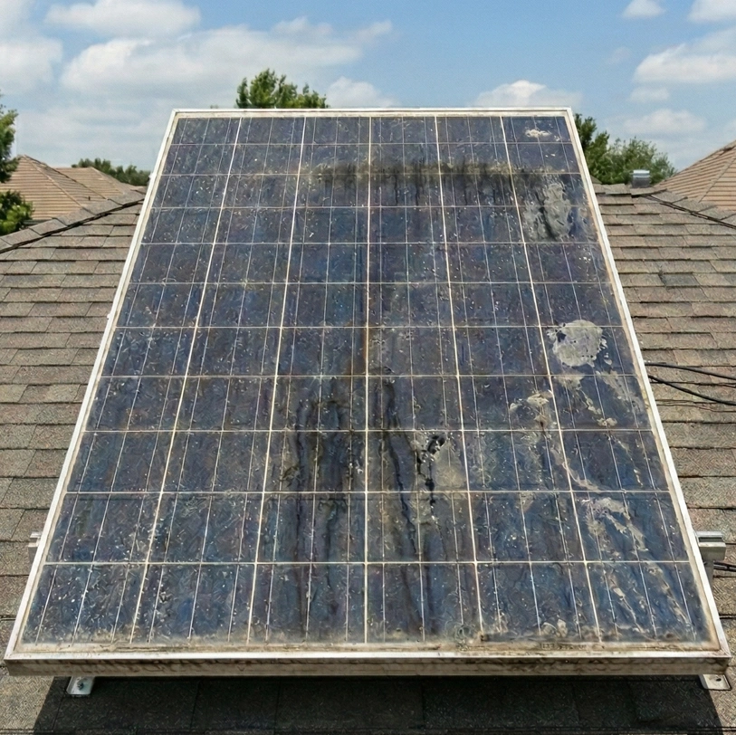 Dirty solar panels covered in Perth red dust and bird droppings before professional cleaning