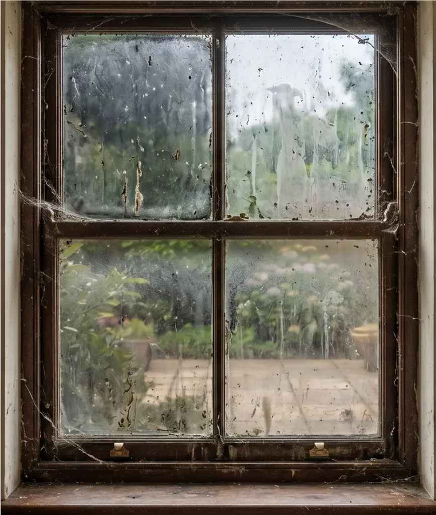 Cloudy residential windows with salt spray and mineral buildup before washing